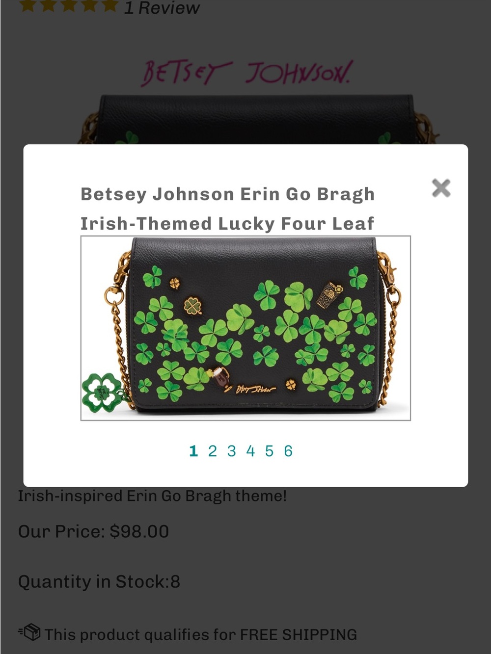 Betsey Johnson Black Crossbody with Green Clover Appliqués